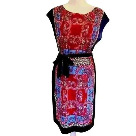 Talbots Shift Sleeveless Dress Size S Red Blue Scroll Pattern Tie Waist Career - Picture 1 of 8